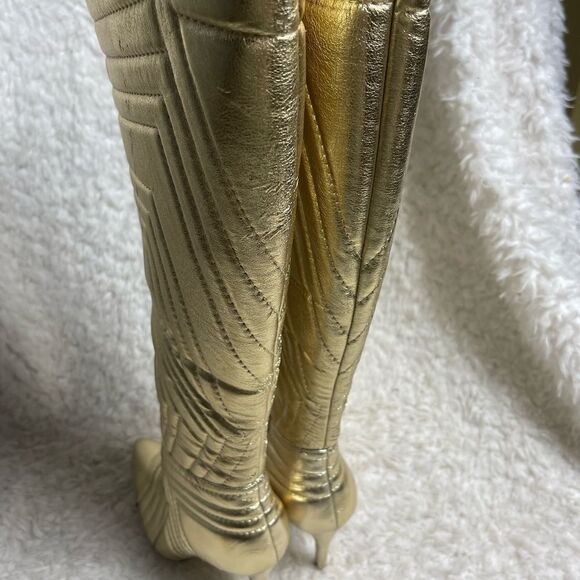 Liliana Metallic Gold Quilted Patterned Stitch Pointy Toe Stiletto Boots SZ 6.5 - Picture 7 of 16